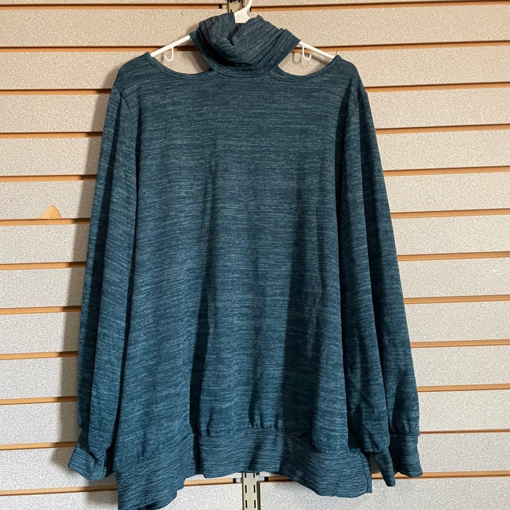 Milly Penzance Womens 2X Teal Marbled Cold Shoulder Turtleneck Knit Top‎